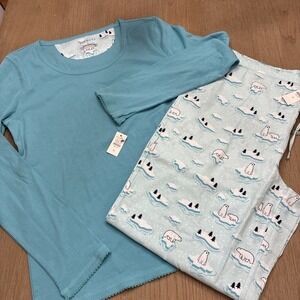 NWT Talbots Women's Blue Pajama Set Pants & Top Sz M Polar Bears Loungewear